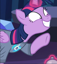 Size: 831x940 | Tagged: safe, screencap, dj pon-3, twilight sparkle, twilight sparkle (alicorn), vinyl scratch, alicorn, pony, a trivial pursuit, clothes, cropped, glowing horn, grin, horn, shirt, smiling, solo, t-shirt, teeth, twilighting