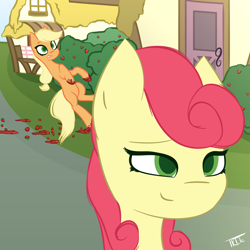 Size: 5000x5000 | Tagged: safe, artist:kids-in-the-corner, applejack, strawberry sunrise, earth pony, pony, absurd resolution, duo, falling, female, food, grass, houses, mare, mischevious, not blood, outdoors, slipping, smiling, strawberry, surprised