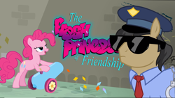 Size: 1920x1080 | Tagged: safe, pinkie pie, pony, confetti, fresh princess of friendship, party cannon, police, police officer, this will end in jail time, vandalism