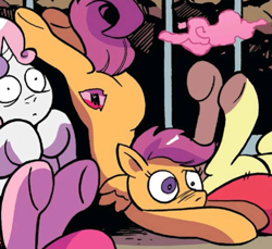 Size: 605x553 | Tagged: safe, idw, apple bloom, pinkie pie, scootaloo, sweetie belle, earth pony, pony, spoiler:comic, spoiler:comic76, face down ass up, jail, mismatched eyes