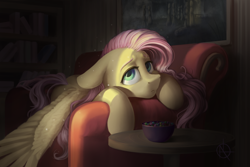 Size: 3000x2000 | Tagged: safe, artist:klarapl, fluttershy, pegasus, pony, dark, female, floppy ears, high res, indoors, lidded eyes, looking at you, looking up, mare, prone, sofa, solo, spread wings, three quarter view, wings