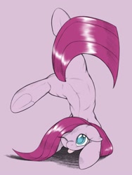 Size: 1500x2000 | Tagged: safe, artist:kurogewapony, pinkie pie, earth pony, pony, :p, colored pupils, cute, cuteamena, diapinkes, female, floppy ears, handstand, looking up, mare, mlem, one eye closed, pink background, pinkamena diane pie, silly, simple background, solo, tongue out, underhoof, upside down, wink