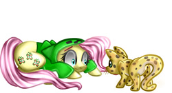 Size: 700x377 | Tagged: safe, artist:vikuskaal, fluttershy, cat, pegasus, pony, clothes, creeper, creepershy, crouching, cute, eye contact, female, floppy ears, frown, hoodie, looking at each other, mare, minecraft, ocelot, shrunken pupils, simple background, white background, wide eyes