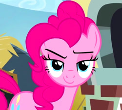 Size: 802x720 | Tagged: safe, screencap, pinkie pie, earth pony, pony, the lost treasure of griffonstone, amused, cropped, cute, cutie mark, female, griffonstone, knowing, lidded eyes, looking at you, mare, smiling, smirk, solo