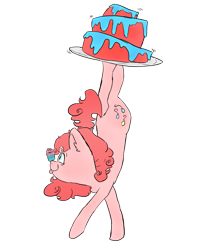 Size: 1280x1536 | Tagged: safe, artist:somelazyassartist, pinkie pie, earth pony, pony, :p, balancing, cake, chest fluff, cupcake, cute, diapinkes, ear fluff, eyes on the prize, female, food, freckles, handstand, mare, plate, ponies balancing stuff on their nose, profile, silly, simple background, smiling, solo, tongue out, transparent background, upside down