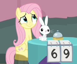 Size: 792x657 | Tagged: safe, edit, edited screencap, screencap, angel bunny, fluttershy, pegasus, pony, a trivial pursuit, 69 (number), cute, fluttertroll, numbers, shyabetes