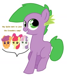 Size: 1251x1410 | Tagged: safe, artist:dsfranch, apple bloom, scootaloo, spike, sweetie belle, pony, chibi, cutie mark crusaders, dialogue, female, implied shipping, implied spikebloom, male, ponified, ponified spike, shipping, simple background, species swap, spikebloom, straight, white background