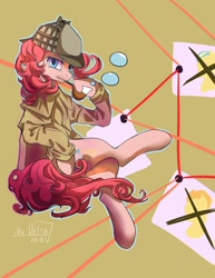 Size: 990x1280 | Tagged: safe, artist:mrdelta1, pinkie pie, earth pony, pony, bubble, clothes, cute, deerstalker, detective, diapinkes, female, hat, mare, pipe, sherlock holmes, solo