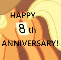 Size: 516x508 | Tagged: safe, edit, edited screencap, screencap, applejack, earth pony, pony, fall weather friends, 8, cropped, happy birthday mlp:fim, mlp fim's eighth anniversary, plot, solo