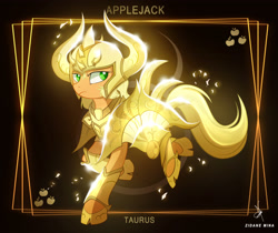 Size: 3840x3232 | Tagged: safe, artist:zidanemina, applejack, earth pony, pony, anime, armor, crossover, female, god cloth, gold cloth, gold saint, helmet, mare, saint seiya, taurus, zodiac