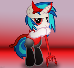 Size: 3600x3300 | Tagged: safe, artist:agkandphotomaker2000, dj pon-3, vinyl scratch, pony, unicorn, devil costume, fake horns, pitchfork, solo