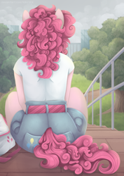 Size: 3507x4960 | Tagged: safe, artist:kikirdcz, pinkie pie, anthro, earth pony, absurd resolution, balloonbutt, butt, clothes, facing away, female, mare, plot, rear view, sitting, tree