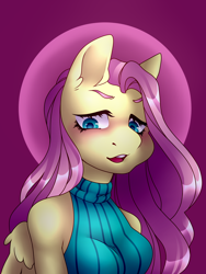 Size: 2250x3000 | Tagged: safe, artist:d-evour, artist:xalloir, fluttershy, anthro, pegasus, blushing, breasts, female, hootershy, looking at you, mare, solo