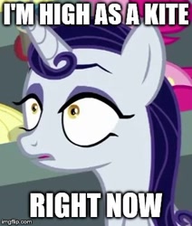 Size: 322x379 | Tagged: safe, edit, edited screencap, editor:icey-wicey-1517, screencap, applejack, moonlight raven, pinkie pie, earth pony, pony, unicorn, the washouts (episode), cropped, eyeshadow, faic, female, high, image macro, imgflip, implied drug use, implied weed, makeup, mare, meme, open mouth, solo focus, text