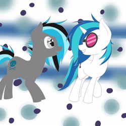 Size: 4000x4000 | Tagged: safe, artist:neekophobia, dj pon-3, vinyl scratch, oc, oc:ice wind, earth pony, pony, unicorn, abstract background, fangirling, female, mare