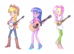 Size: 3475x2544 | Tagged: safe, artist:maran-zelde, applejack, fluttershy, twilight sparkle, twilight sparkle (alicorn), alicorn, equestria girls, acoustic guitar, banjo, boots, clothes, cowboy boots, cowboy hat, eyes closed, female, freckles, hat, high heel boots, mandolin, musical instrument, pants, shoes, simple background, sneakers, stetson, traditional art, white background