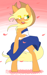 Size: 1053x1653 | Tagged: safe, artist:askapplejacktoo, applejack, earth pony, pony, anime style, askapplejacktoo, bipedal, blushing, cherry blossoms, clothes, cute, flower, flower blossom, moe, skirt, skirt pull, solo