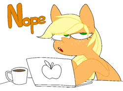 Size: 750x558 | Tagged: safe, artist:askapplejacktoo, applejack, earth pony, pony, askapplejacktoo, blatant lies, coffee, computer, female, hatless, laptop computer, mare, missing accessory, simple background, solo, white background