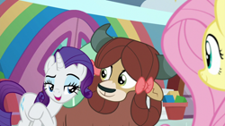 Size: 1920x1080 | Tagged: safe, screencap, fluttershy, rarity, yona, pegasus, pony, unicorn, she's all yak