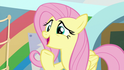 Size: 1920x1080 | Tagged: safe, screencap, fluttershy, pegasus, pony, she's all yak, female, mare, open mouth, raised hoof, solo