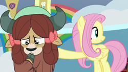 Size: 1920x1080 | Tagged: safe, screencap, fluttershy, yona, pegasus, pony, yak, she's all yak, bow, cloven hooves, duo, female, hair bow, mare, monkey swings