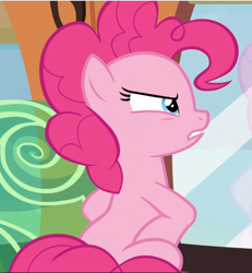 Size: 870x942 | Tagged: safe, screencap, pinkie pie, earth pony, pony, party pooped, cropped, female, glare, hooves on hips, mare, narrowed eyes, rear view, sitting, solo, train