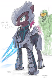 Size: 1200x1800 | Tagged: safe, artist:satv12, tempest shadow, human, pony, my little pony: the movie, arbiter, armor, crossover, dialogue, duo, female, halo (series), human male, male, mare, master chief, signature, simple background, solo, thel 'vadam, white background