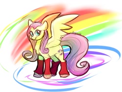 Size: 1024x778 | Tagged: safe, artist:xxjoyluvxx, fluttershy, pegasus, pony, rainbow roadtrip, clothes, cute, leg warmers, leggings, rainbow background, shyabetes, signature, smiling, solo