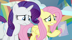 Size: 1920x1080 | Tagged: safe, screencap, fluttershy, rarity, pegasus, pony, unicorn, she's all yak