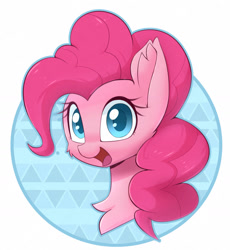 Size: 1280x1393 | Tagged: safe, artist:puetsua, pinkie pie, earth pony, pony, abstract background, bust, cheek fluff, chest fluff, colored pupils, cute, diapinkes, ear fluff, female, mare, open mouth, portrait, simple background, smiling, solo, white background