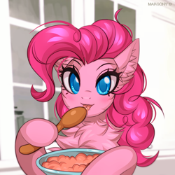 Size: 1000x1000 | Tagged: safe, artist:margony, pinkie pie, earth pony, pony, bust, cheek fluff, chest fluff, colored pupils, cute, diapinkes, ear fluff, female, fluffy, licking, looking at you, portrait, solo, spoon, tongue out