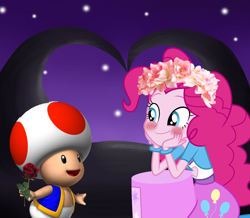 Size: 1288x1125 | Tagged: safe, artist:daniotheman, artist:missbeigepony, artist:rulette, pinkie pie, equestria girls, barely eqg related, blushing, crossover, crossover shipping, floral head wreath, flower, flower in hair, nintendo, rose, shipping, super mario bros., toad (mario bros), toad pie