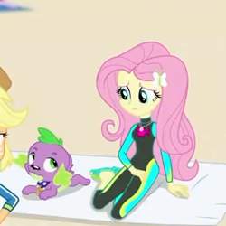 Size: 301x301 | Tagged: safe, screencap, applejack, fluttershy, spike, spike the regular dog, dog, better together, equestria girls, forgotten friendship, clothes, cropped, feet, female, flip-flops, geode of fauna, offscreen character, paws, sandals, swimsuit