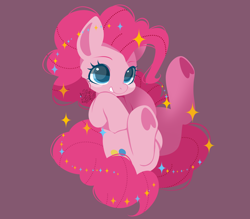 Size: 1600x1402 | Tagged: safe, artist:snow angel, pinkie pie, earth pony, pony, colored pupils, cute, diapinkes, female, grin, heart, heart hoof, mare, purple background, simple background, sitting, smiling, solo, sparkles, underhoof