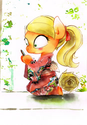 Size: 1600x2283 | Tagged: safe, artist:mashiromiku, applejack, earth pony, pony, clothes, commission, kimono (clothing), solo, traditional art, watercolor painting