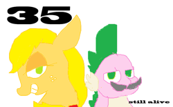 Size: 969x601 | Tagged: safe, artist:mewcifur, applejack, spike, dragon, earth pony, pony, 35th anniversary, generation leap