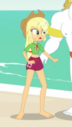 Size: 296x521 | Tagged: safe, screencap, applejack, bulk biceps, better together, equestria girls, turf war, applejack's hat, barefoot, belly button, clothes, cowboy hat, cropped, feet, female, hat, midriff, shorts, solo focus, swimsuit