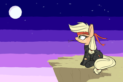 Size: 1280x853 | Tagged: safe, artist:heir-of-rick, applejack, earth pony, pony, bandana, bodysuit, cliff, clothes, description is relevant, female, hay stalk, large ears, mare, metal gear, metal gear solid, moon, night, sitting, solo, stars, stealth suit, straw in mouth, sunset, torn clothes