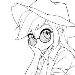 Size: 1000x1000 | Tagged: safe, artist:caibaoreturn, applejack, equestria girls, cowboy hat, glasses, grayscale, hat, looking at you, monochrome, simple background, solo, white background