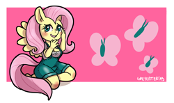 Size: 3084x1824 | Tagged: safe, artist:greyeater, fluttershy, anthro, pegasus, blushing, dungarees, solo