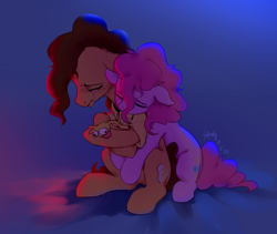 Size: 1280x1080 | Tagged: safe, artist:luciferamon, boneless, cheese sandwich, pinkie pie, earth pony, pony, cheesepie, crying, eyes closed, female, floppy ears, hug, hug from behind, male, mare, sad, shipping, signature, sitting, stallion, straight