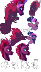 Size: 4000x7000 | Tagged: safe, artist:maxiima, fizzlepop berrytwist, tempest shadow, twilight sparkle, twilight sparkle (alicorn), alicorn, pony, unicorn, my little pony: the movie, angry, behaving like a bird, blushing, boop, broken horn, cute, cute little fangs, eye contact, eye scar, fangs, female, floppy ears, frown, glare, grin, lesbian, lidded eyes, looking at each other, mare, nose wrinkle, noseboop, nuzzling, open mouth, question mark, scar, shipping, simple background, sketch, smiling, smirk, tempestlight, wavy mouth, white background, wide eyes