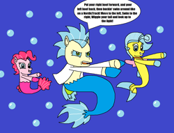 Size: 1472x1124 | Tagged: safe, artist:logan jones, pinkie pie, princess skystar, pony, seapony (g4), grannies gone wild, my little pony: the movie, bubble, dancing, missing accessory, ponified, pony rick, rapping, rick and morty, rick sanchez, seaponified, species swap, speech bubble, the rick dance, underwater, wrong design