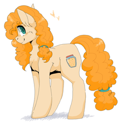 Size: 1024x1017 | Tagged: safe, artist:dollpone, pear butter, earth pony, pony, female, heart, looking at you, mare, profile, simple background, smiling, solo, standing, white background