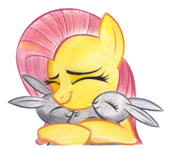 Size: 2804x2430 | Tagged: safe, artist:fladdrarblyg, fluttershy, pegasus, pony, rabbit, teacher of the month (episode), spoiler:interseason shorts, animal, cute, eyes closed, female, hug, mare, shyabetes, simple background, traditional art, white background