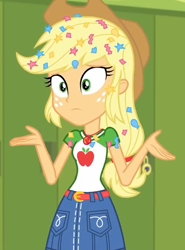 Size: 480x647 | Tagged: safe, screencap, applejack, best trends forever, best trends forever: pinkie pie, better together, equestria girls, applejack's hat, belt, canterlot high, clothes, confetti, cowboy hat, cropped, denim skirt, female, freckles, geode of super strength, hat, lockers, messy hair, shrug, skirt, stetson