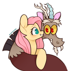 Size: 1000x1026 | Tagged: safe, artist:onionpwder, discord, fluttershy, draconequus, pegasus, pony, blushing, bust, cute, discoshy, discute, female, gritted teeth, looking at each other, male, mare, no pupils, outline, prone, shipping, shyabetes, signature, simple background, smiling, straight, transparent background, white outline