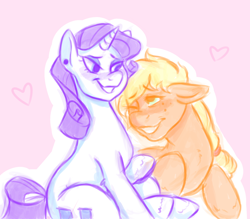 Size: 1280x1120 | Tagged: safe, artist:boyslushie, applejack, rarity, earth pony, pony, unicorn, blushing, cowboy hat, cute, cutie mark, daaaaaaaaaaaw, ear piercing, earring, female, hat, heart, jackabetes, jewelry, lesbian, looking at each other, mare, missing accessory, piercing, pink background, raribetes, rarijack, shipping, simple background, sitting