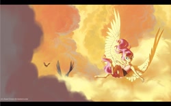 Size: 1280x800 | Tagged: safe, artist:joan-grace, fluttershy, anthro, bird, unguligrade anthro, cloud, flying, large wings, sky, solo, wings