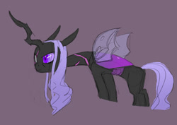 Size: 959x680 | Tagged: safe, artist:carnifex, oc, oc only, oc:lacera, changeling, changeling queen, changeling queen oc, female, purple background, purple changeling, scar, simple background, solo